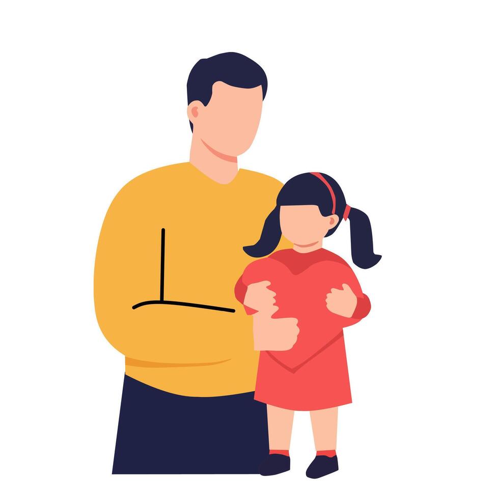 Flat illustration of a father hugging his daughter, representing family love, parenting, bonding, protection, and happy childhood moments. Modern family concept vector