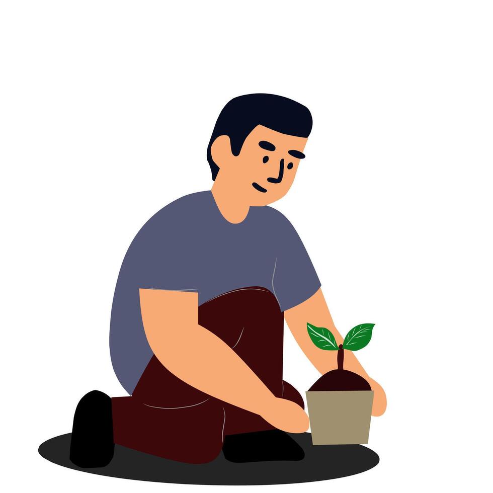 illustration of a man kneeling and planting a small seedling in soil. Depicts gardening, growth, nature, and environmental care. Warm and friendly style vector