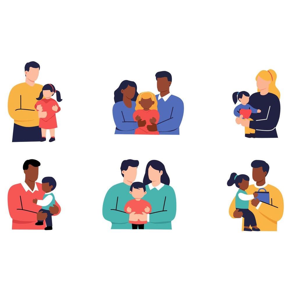 Set of flat illustrations showing diverse families with parents and children. Representing love, parenting, bonding, support, care, and modern family lifestyle vector