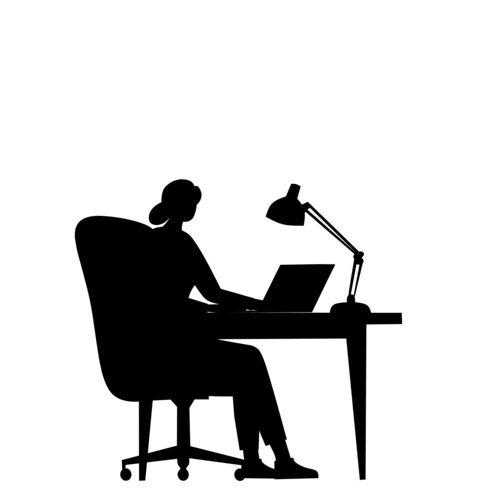 Black silhouette of a woman sitting at a desk with a laptop and desk lamp. Suitable for business, telecommuting, remote jobs, or education concepts. vector