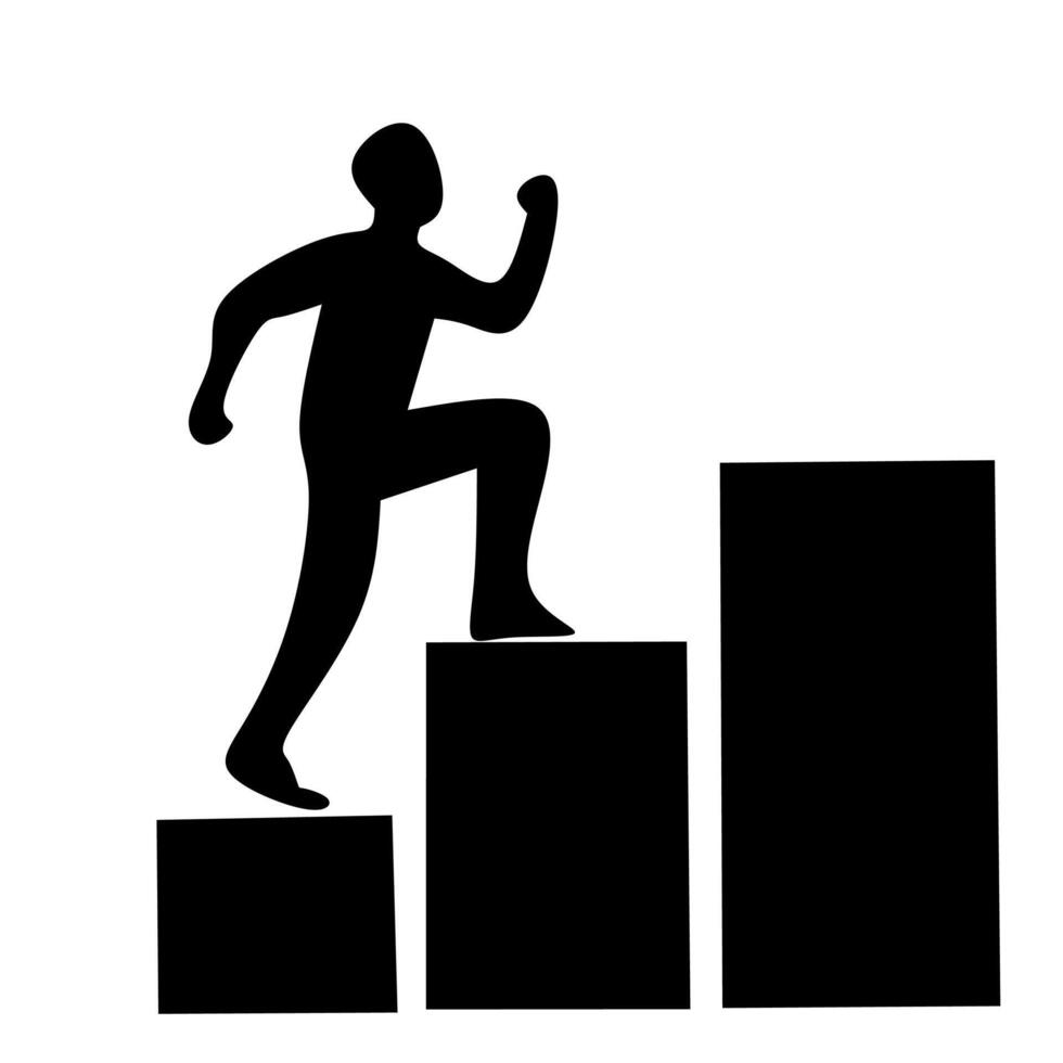 Black silhouette of a person climbing increasing steps. Symbolizes progress, achievement, ambition, and career growth vector