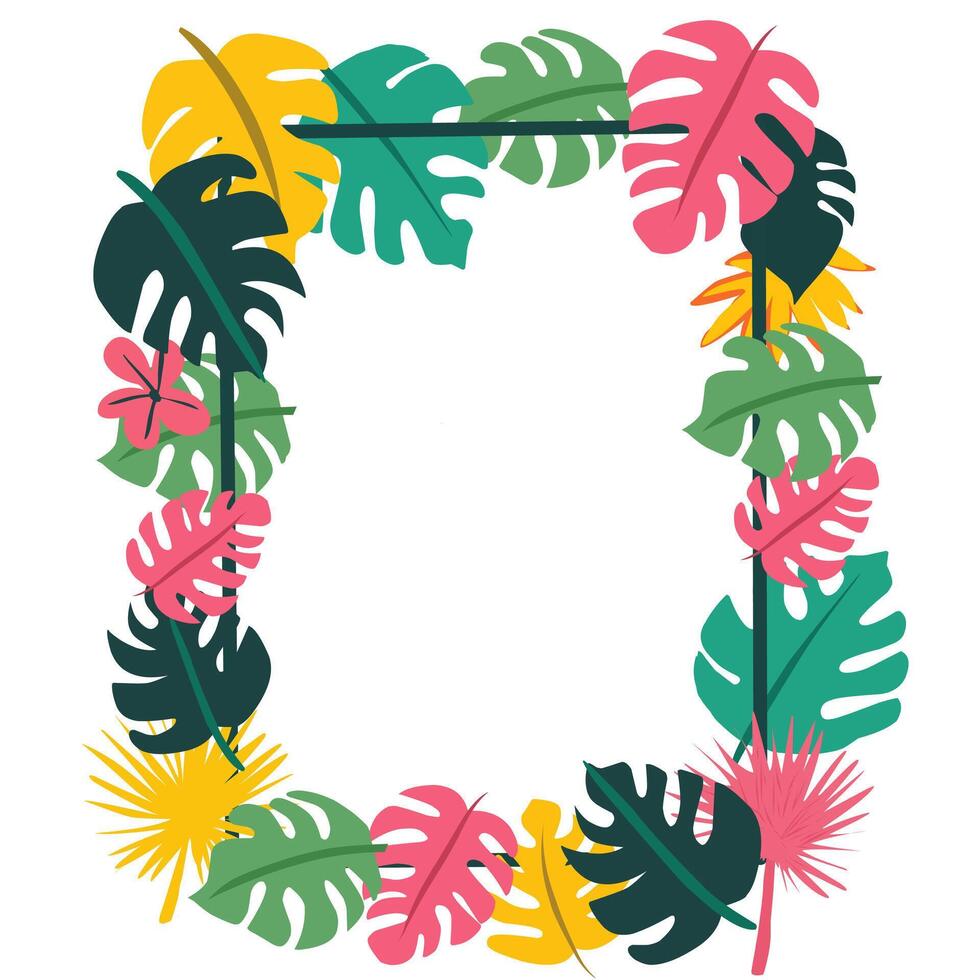 Tropical leaf frame in flat style with bright colors. Great for invitations, borders, banners, and summer-themed graphic design projects vector