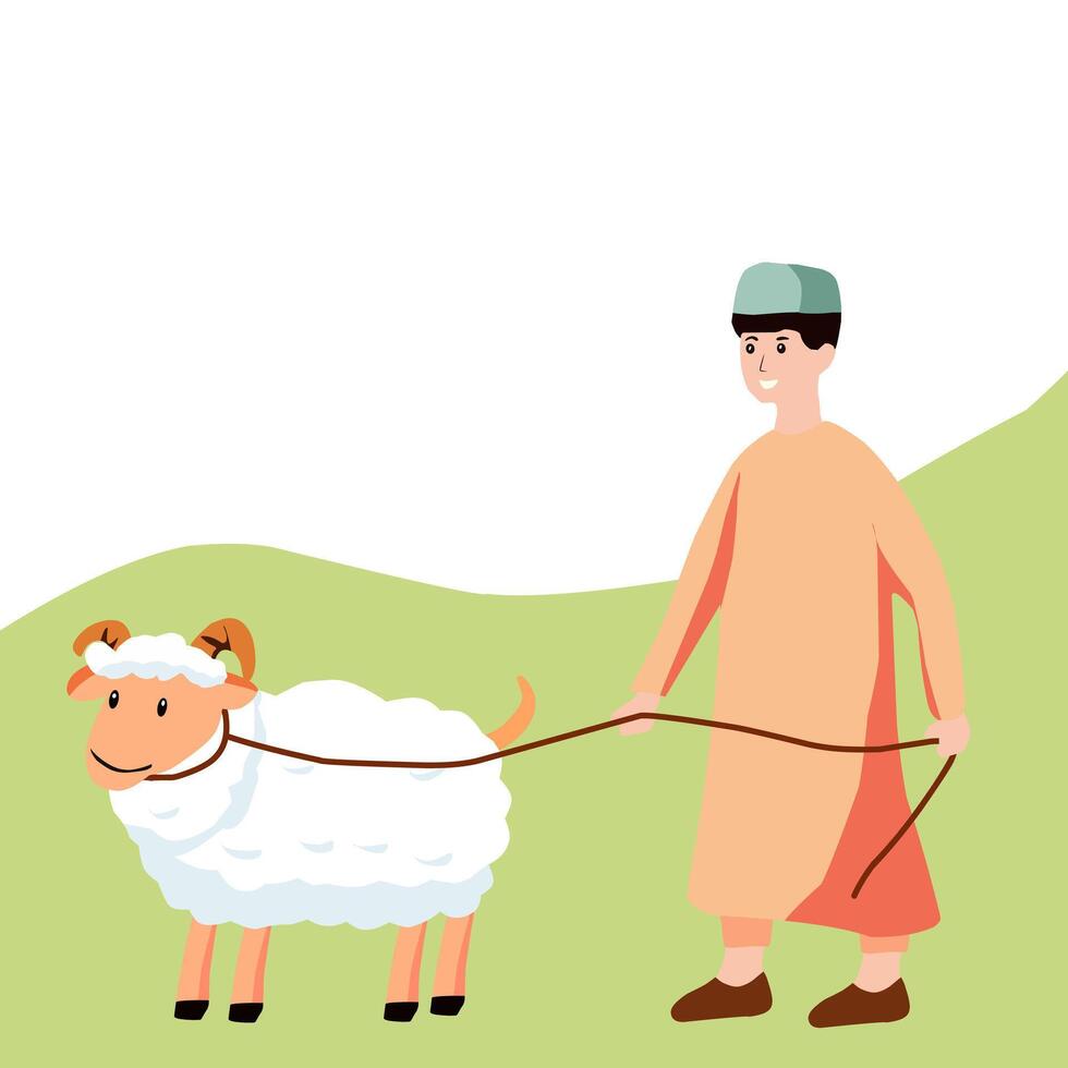Flat illustration of a man with a sheep, symbolizing Eid al-Adha sacrifice and celebration, with optional text or Islamic elements vector