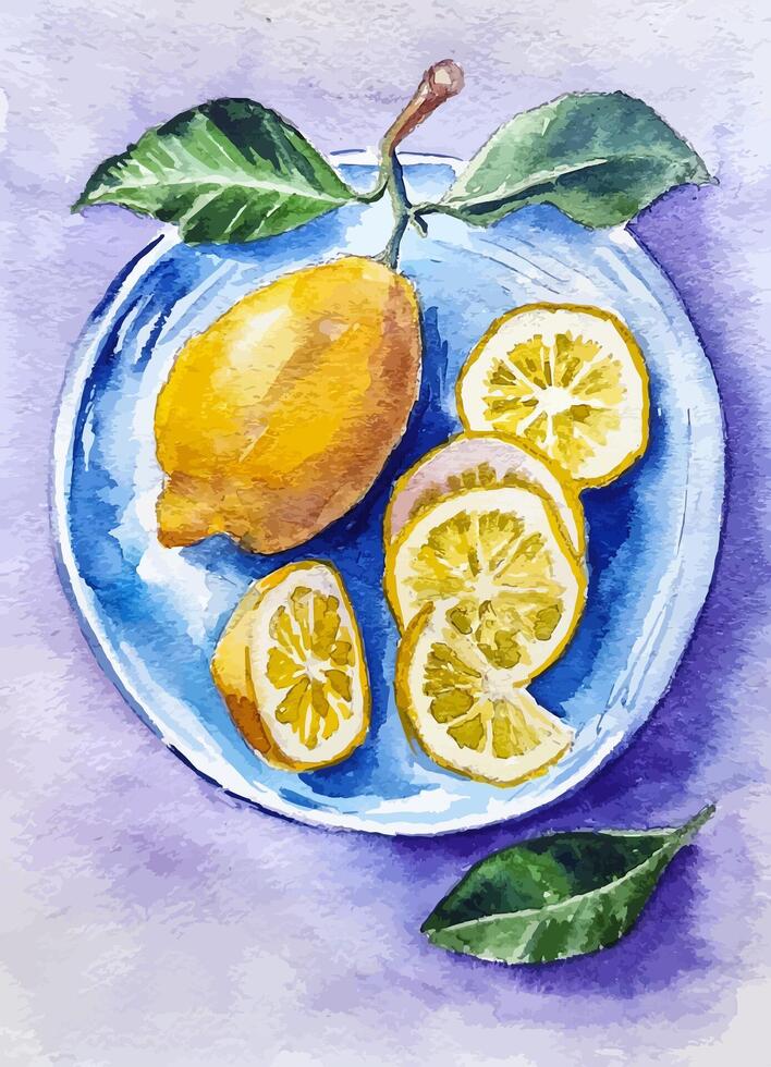 Watercolor illustration of lemons on a blue plate hand drawn still life vector