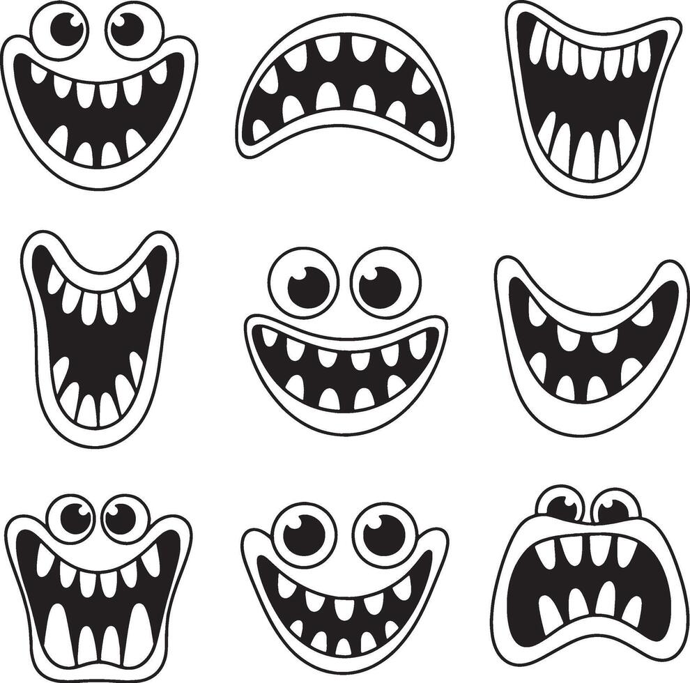 Nine cartoon monster faces big teeth grinning vector