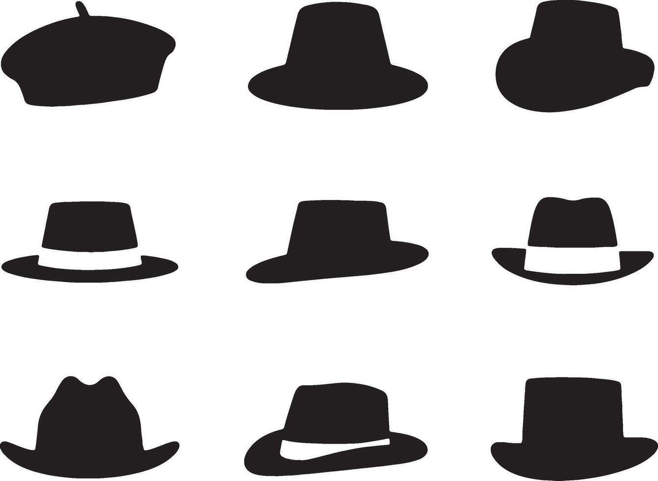 Nine classic hat silhouettes black and white vector