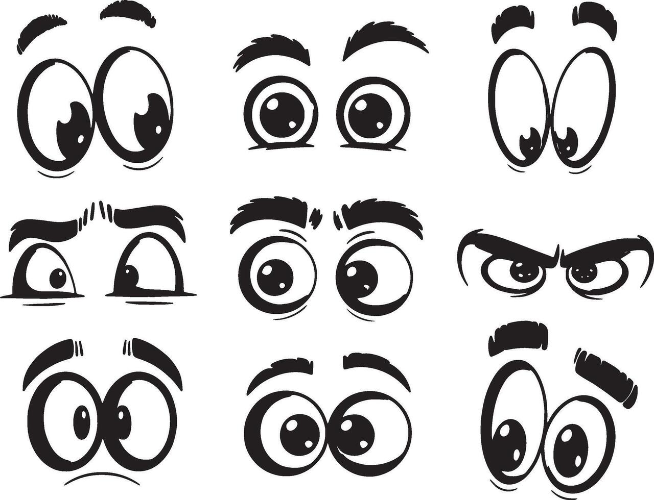 WOw Cartoon eyes expressions set black white illustrations vector