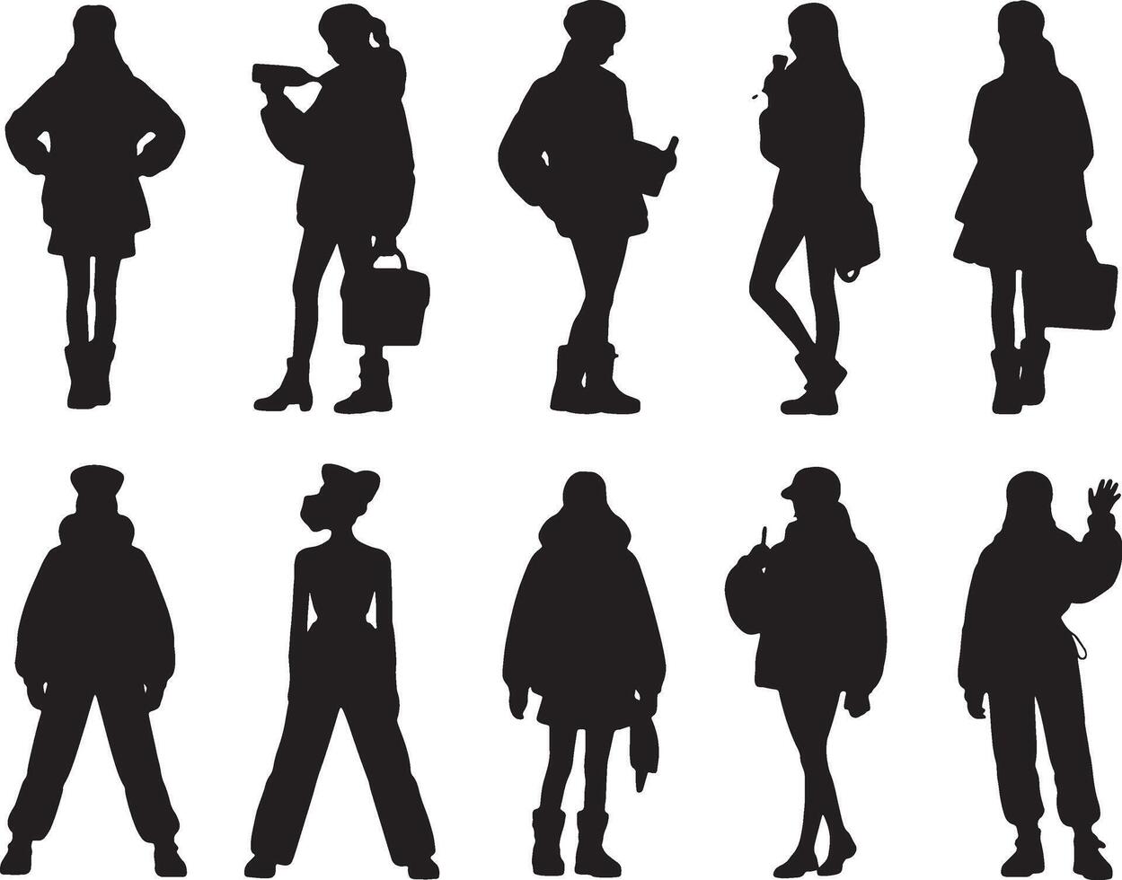 a set of silhouettes of women in winter clothes vector
