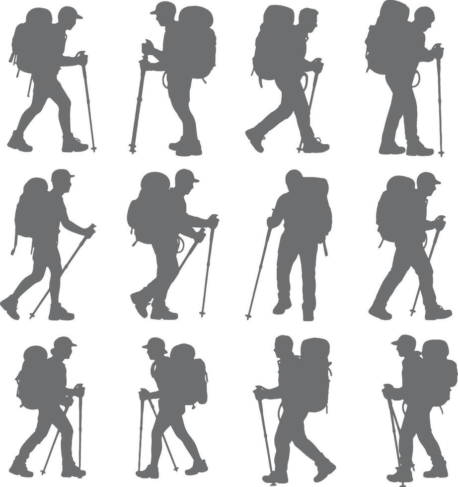 Hikers with backpacks trekking silhouettes collection vector