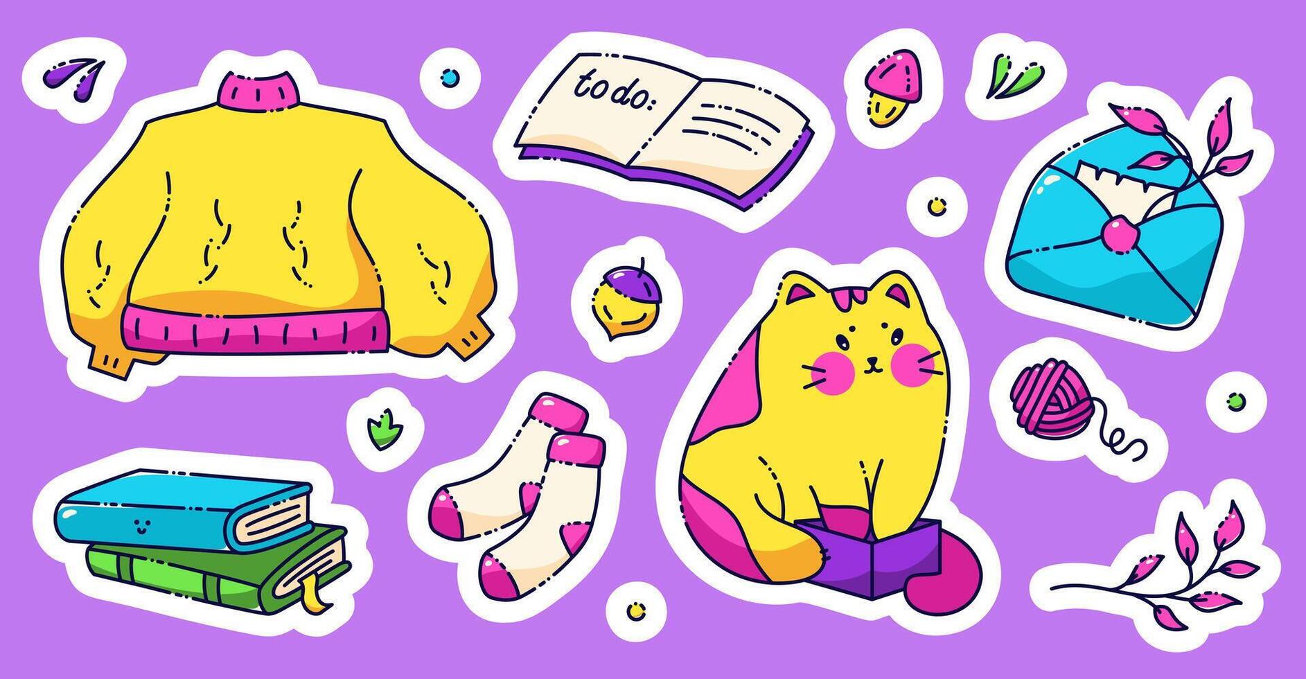 A set of glider stickers on a fall theme. Includes a cute cat, sweater, wool socks, peanut, books, ball of thread, envelope with a sprig. Painted in neon bright colors. vector