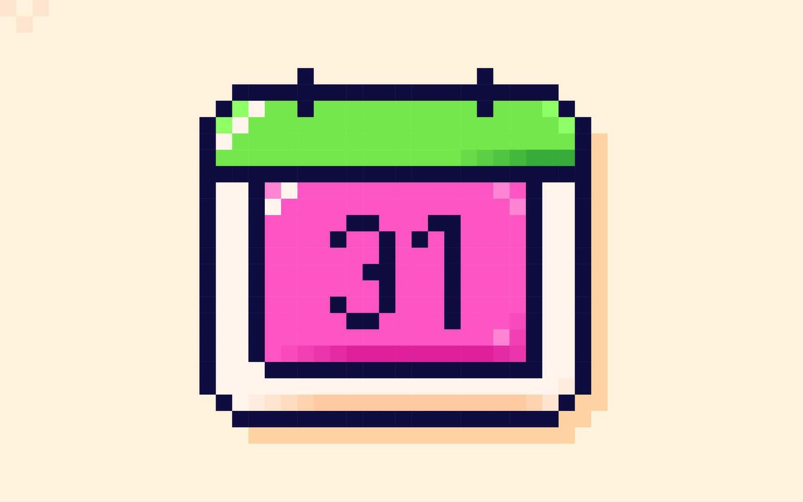 Calendar icon with the date of the 31st is drawn in pixel art style 8 bit. Green and magenta colors. vector