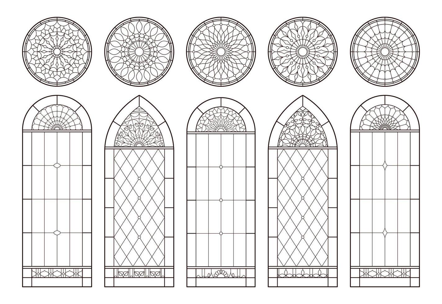 Stained church glass windows pack. Catholic Christian frames. Line drawing in black and white color. vector