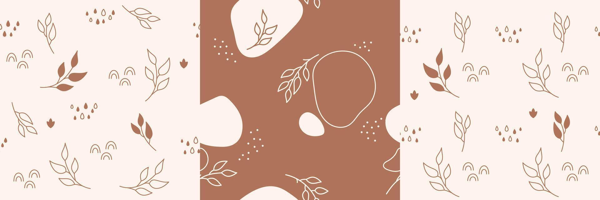 A set of four minimalistic children's patterns.. The repeated images contains colored elements, twigs, raindrops, rainbows and lines of different shapes. vector