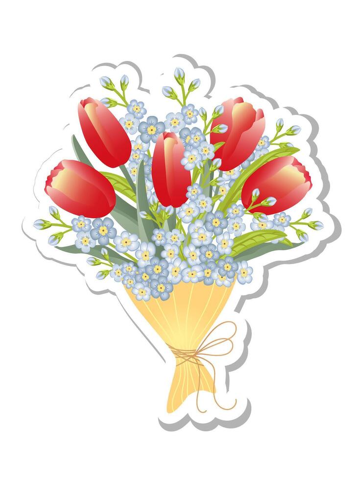 Sticker with bouquet of spring red tulips and forget-me-not flowers isolated on white background. vector