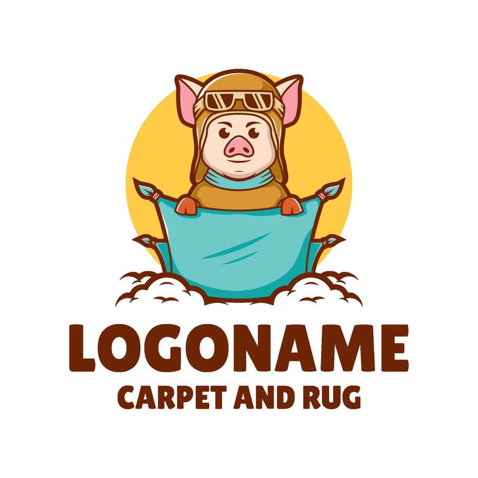 Pig is wearing a pilot's hat and flying through the air. The logo is for a carpet and rug company vector