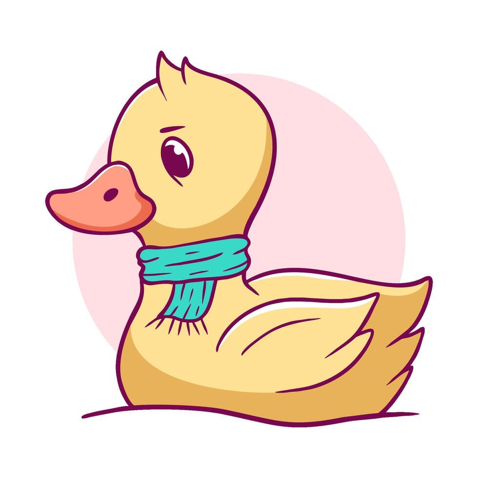 Cartoon duck wearing a scarf. The duck is looking at the camera with a frown. The scarf is blue and is wrapped around the duck's neck vector