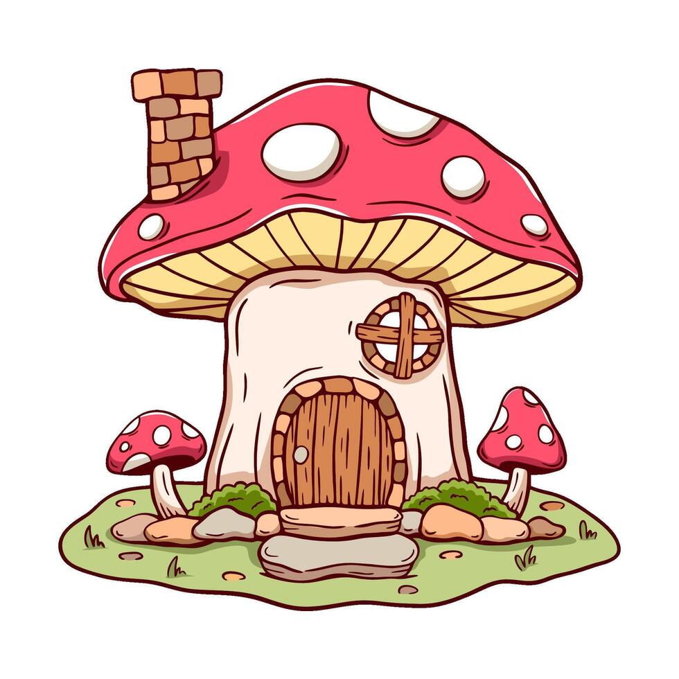 Cartoon drawing of a mushroom house with a door and a window. The house has a chimney vector