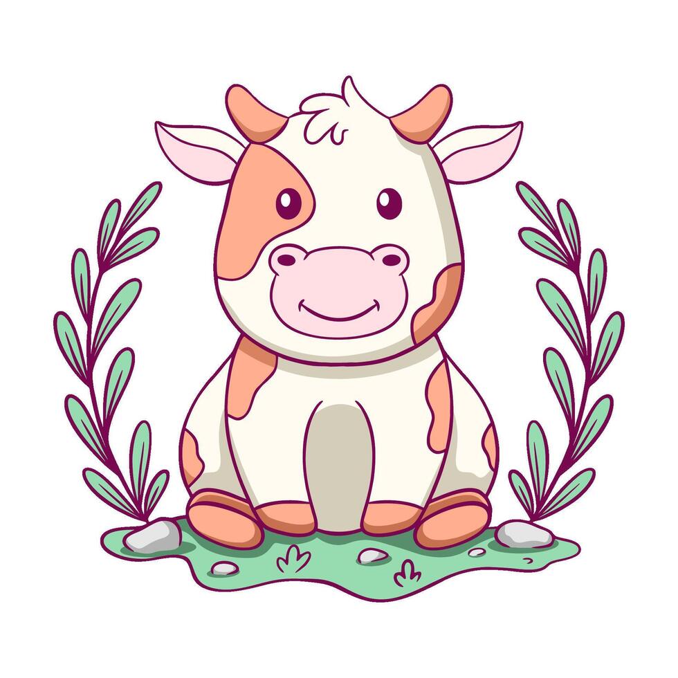Cute cartoon cow is sitting in a field of grass. The cow is smiling and he is enjoying its surroundings vector