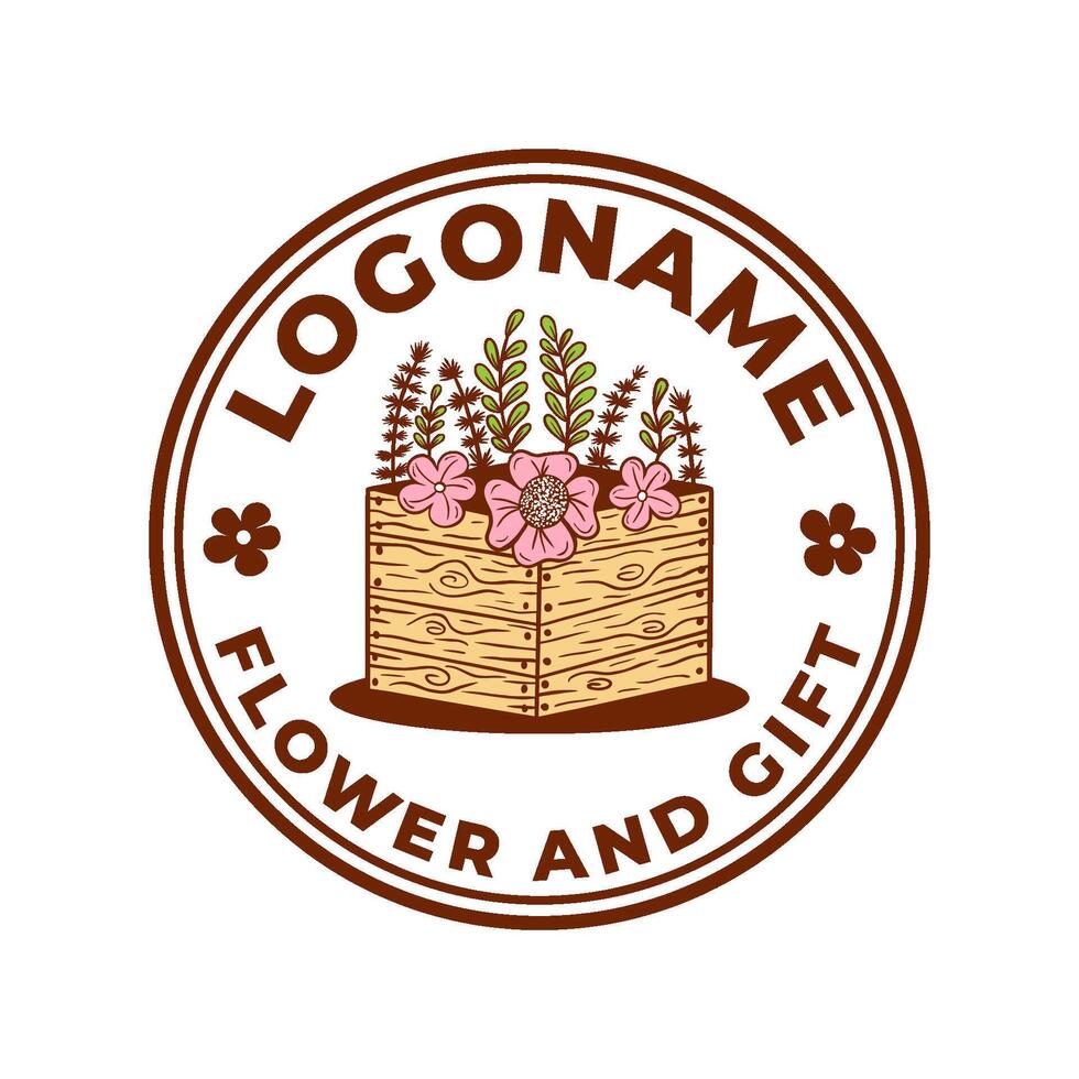 Logo for a flower and gift shop. The logo features a wooden box with a flower inside. flower shop logo template vector