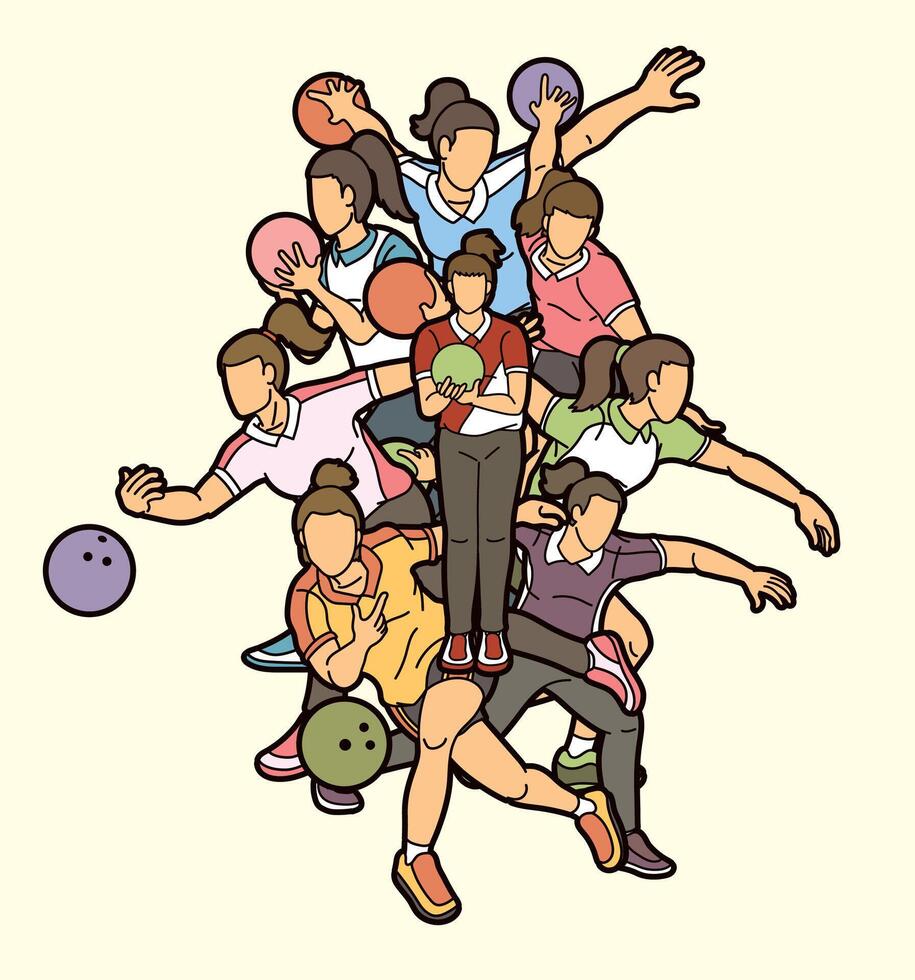 Bowling Sport Female Players Bowler Mix Action Cartoon Graphic vector
