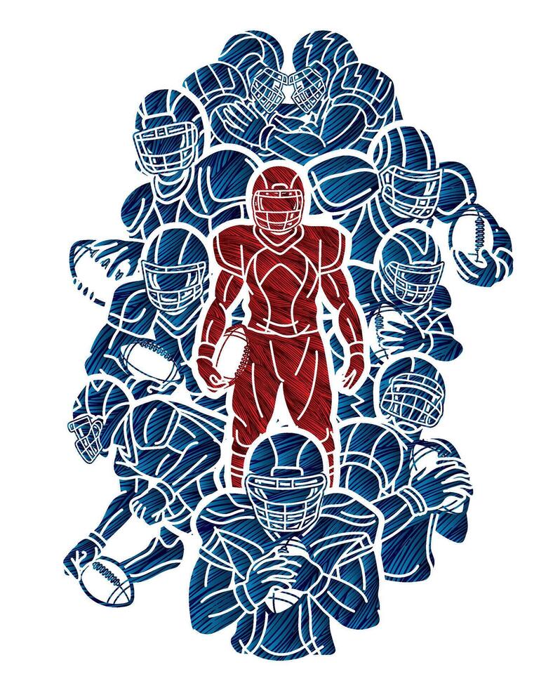 American Football Team Cartoon Sport Players Mix Action Silhouette Graphic vector