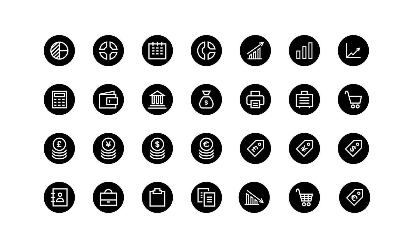 Minimalist business and finance icon set in flat black circle style. Includes symbols of economy, investment, currency, and office tools. Perfect for web design UI UX, presentations, and infographics. vector