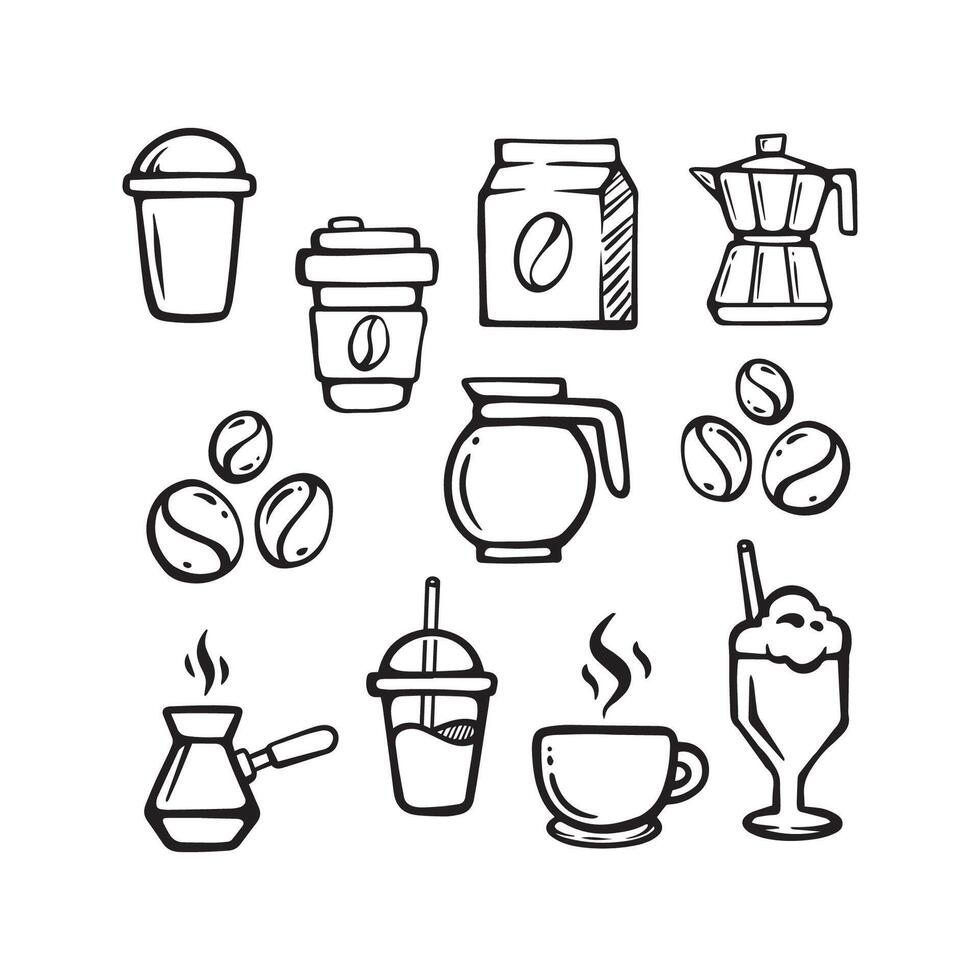 Doodle coffee shop icons. Outline hand drawn. vector