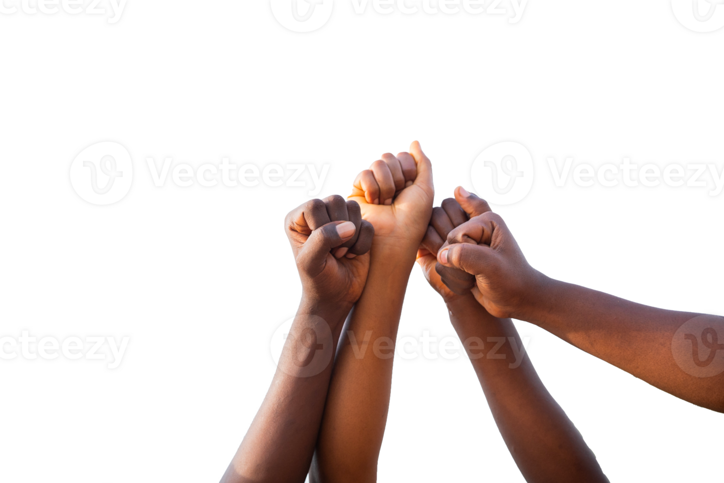 Four fists of African people united in sky, photo with transparent background and copy space. png