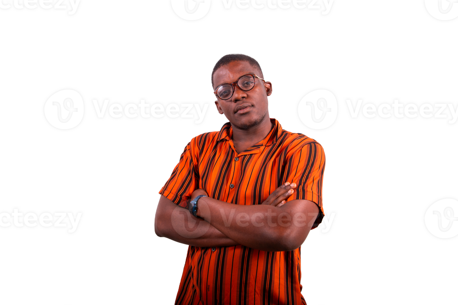 Portrait of a young thoughtful African boy with his arms folded and eyeglasses png