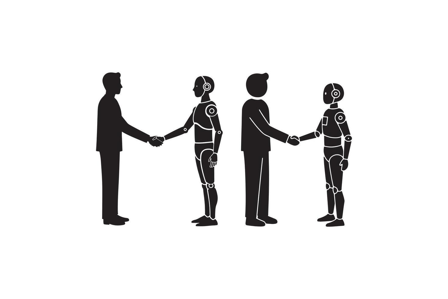 Man and Robot Partnership Silhouette Art - Human Robot Handshake Silhouette Illustration vector