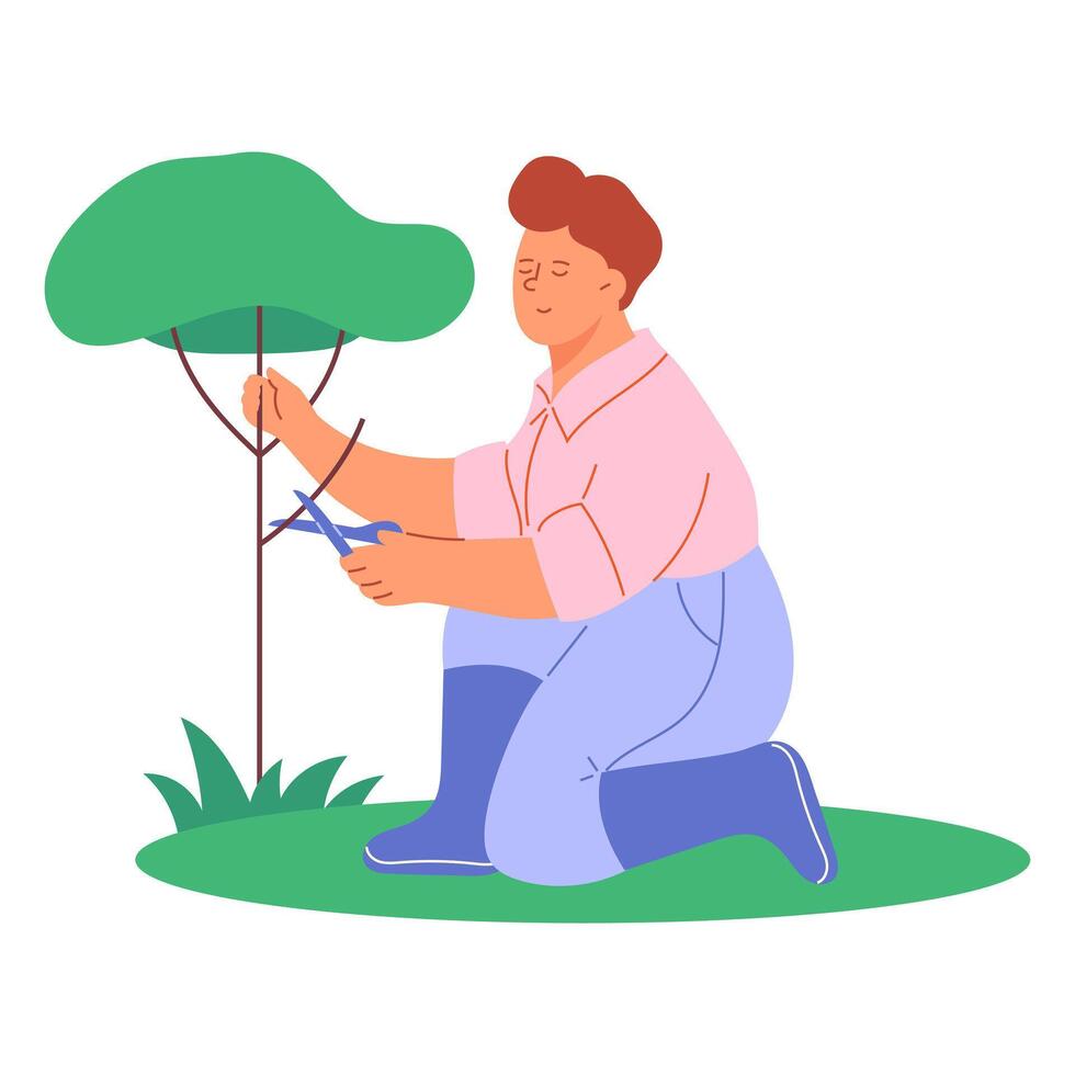 Man tends trees in the garden, trimming branches. Gardening vector
