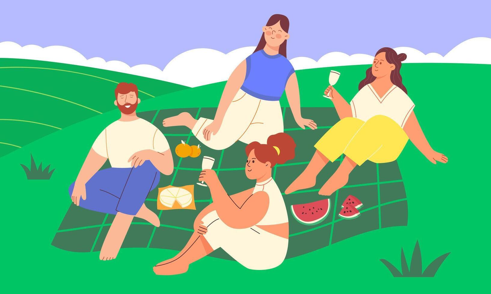Concept of a summer picnic in nature. A group of people having a rest in the nature vector