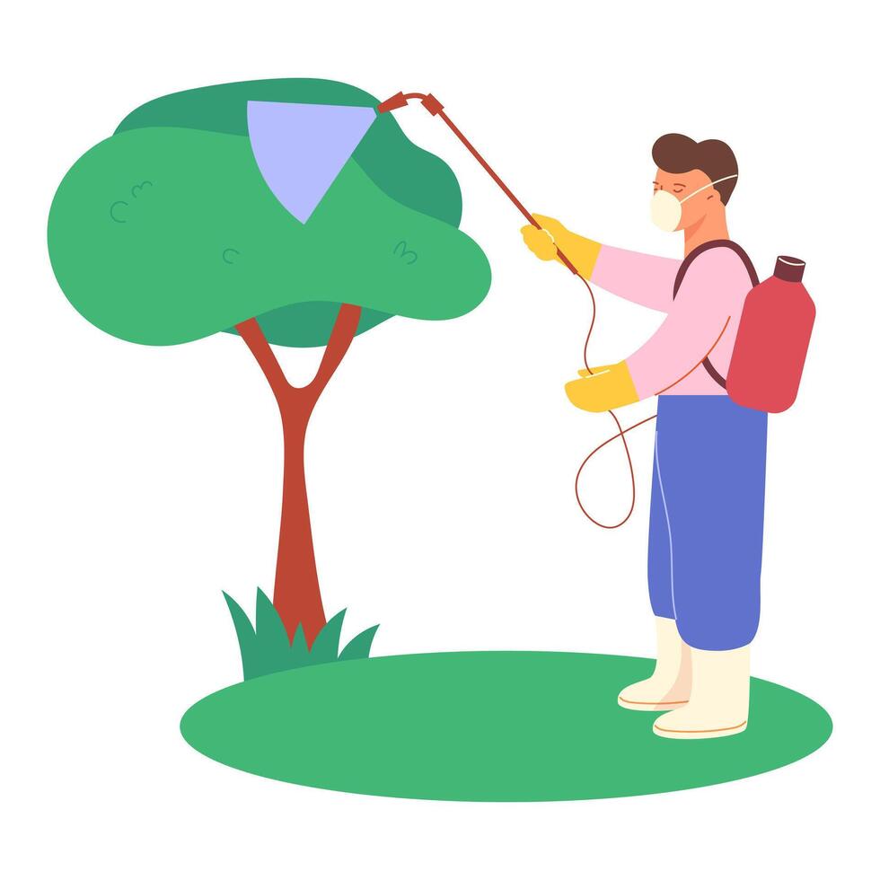 A man tends trees in the garden, spraying the foliage. Gardening vector