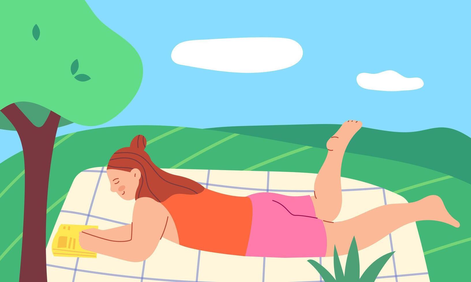Girl on a plaid in nature reading a book. Summer holiday concept vector