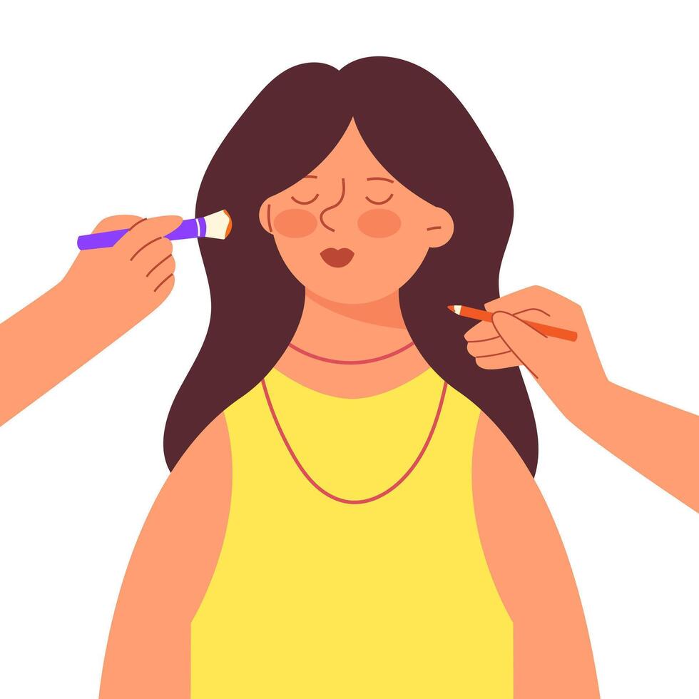 A young girl, a woman is getting her make-up done. Beauty, grooming vector