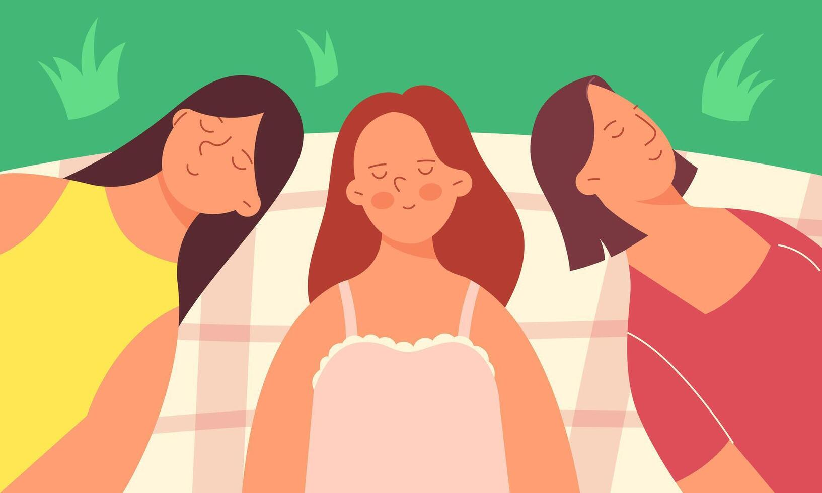 3 girls relaxing on a plaid in nature. Concept of a holiday in nature with friends vector