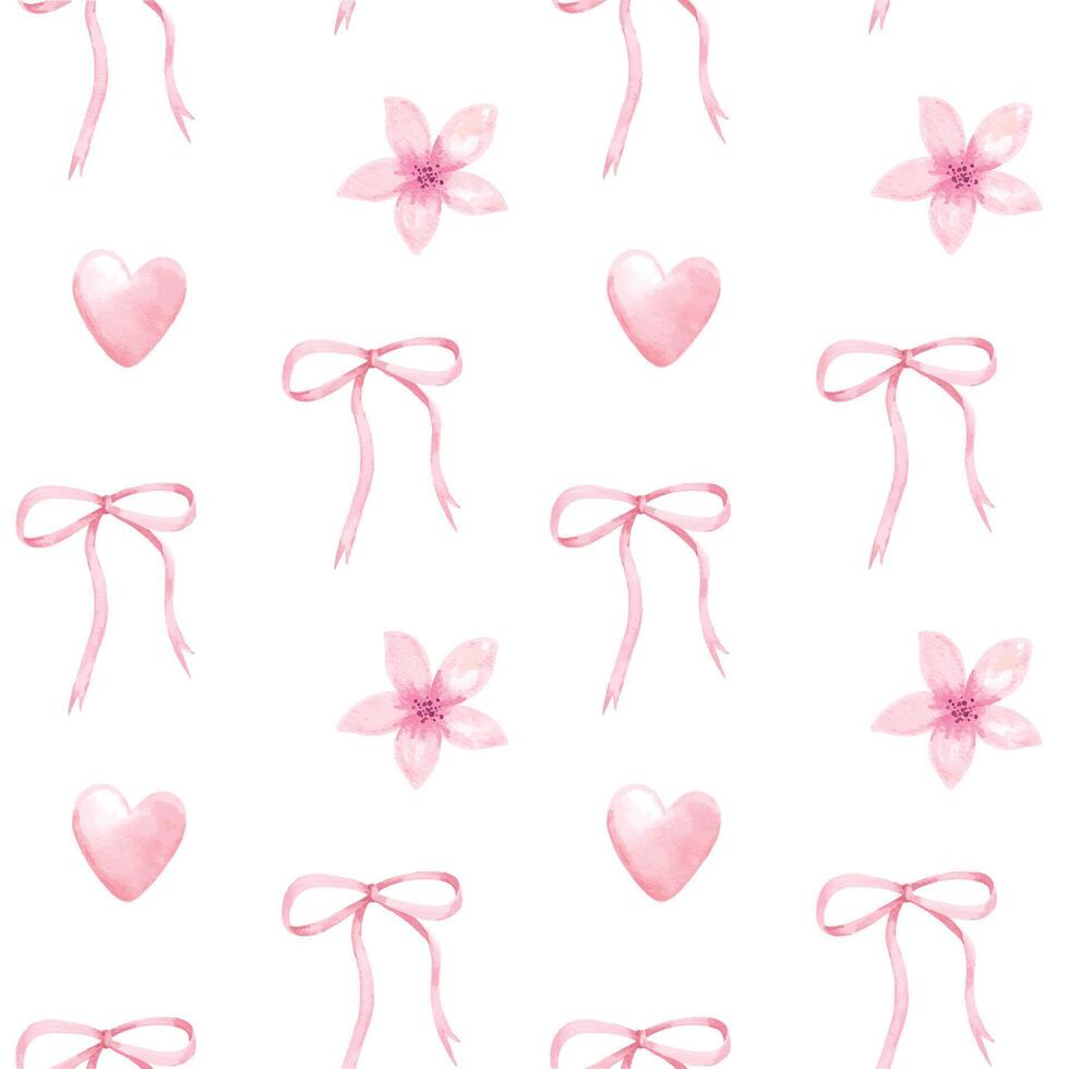 pink ribbon bow flower and heart watercolor seamless pattern. beautiful pink hand painted pattern for cards, fabric, wrapping paper, scrapbook, and print vector