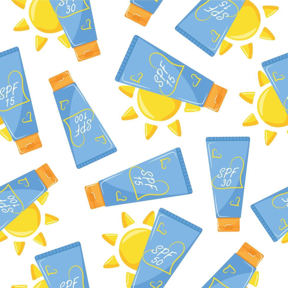 seamless pattern with icons of classic vertical tube of sunscreen and sun on the side, for summer designs vector
