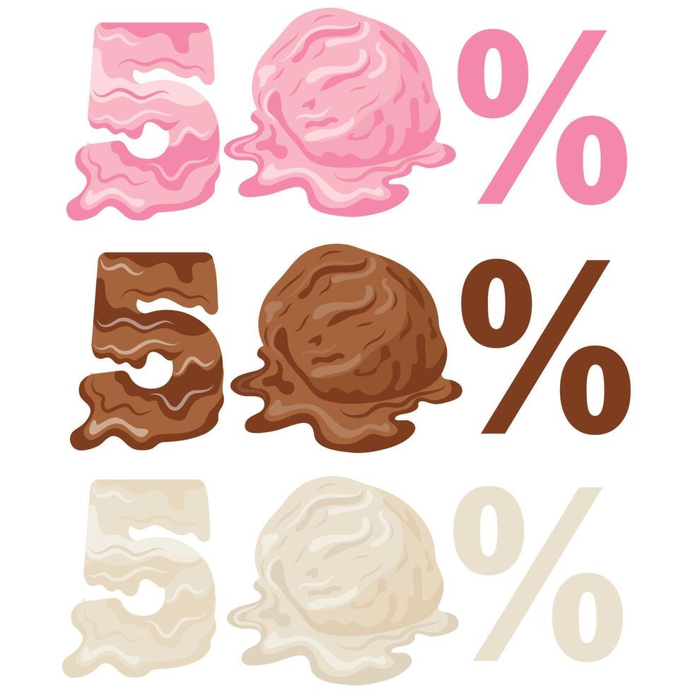 template of discount options for sale namely 50 percent with melting ice cream scoops, melting discounts vector