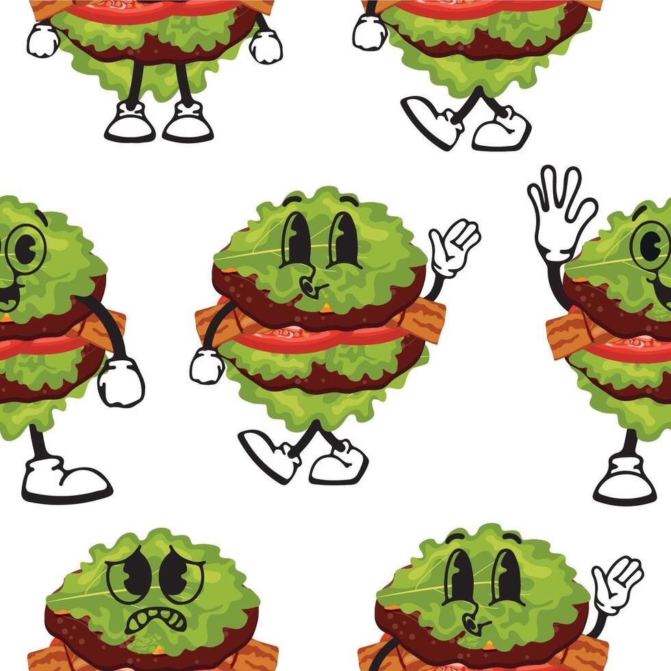 pattern of burger characters with fried patties, bacon and lettuce instead of a bun with various funny faces, Kawaii-style anthropomorphic food vector