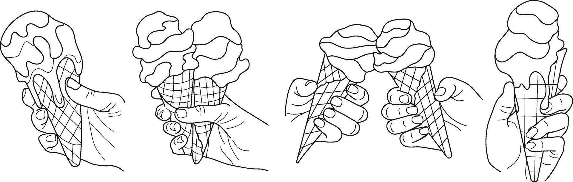 set of icons of human hands holding various ice cream in a waffle cup, in line art style vector