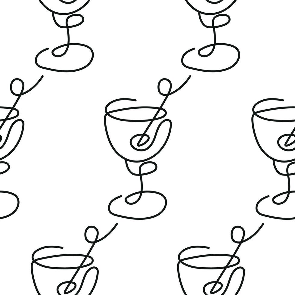pattern with a figured martini glass with an olive inside drawn with several lines in line art style vector