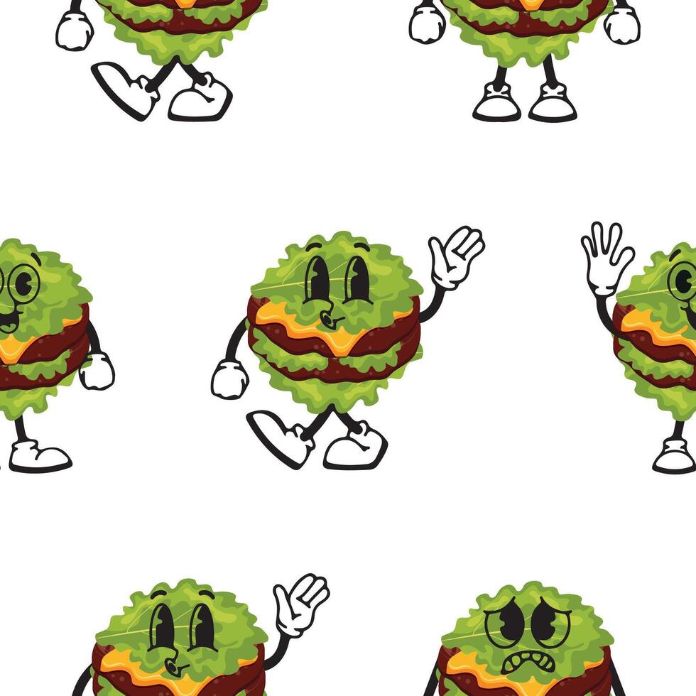 pattern of burger characters with fried patties, cheese and lettuce instead of a bun with various funny faces, Kawaii-style anthropomorphic food vector