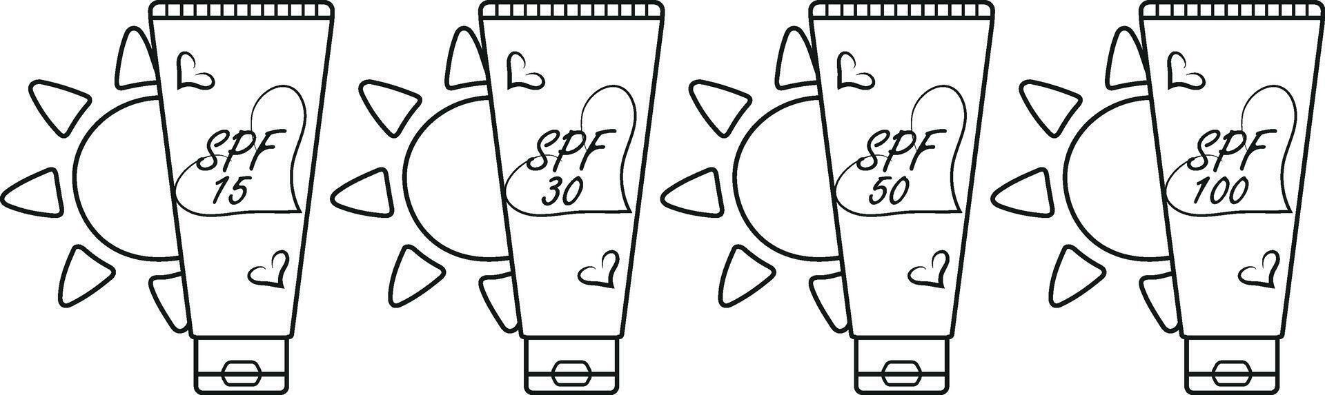 icons of a classic vertical tube with sunscreen and a sun on the side in line art style, for summer designs vector