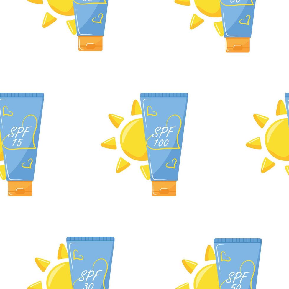 pattern with icons of a classic vertical tube of sunscreen with a sun on the side, for summer designs vector