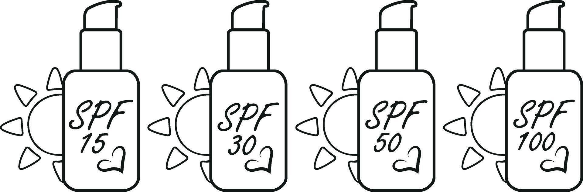 Set of spray sunscreen icons with different levels of sun protection, in line art style vector
