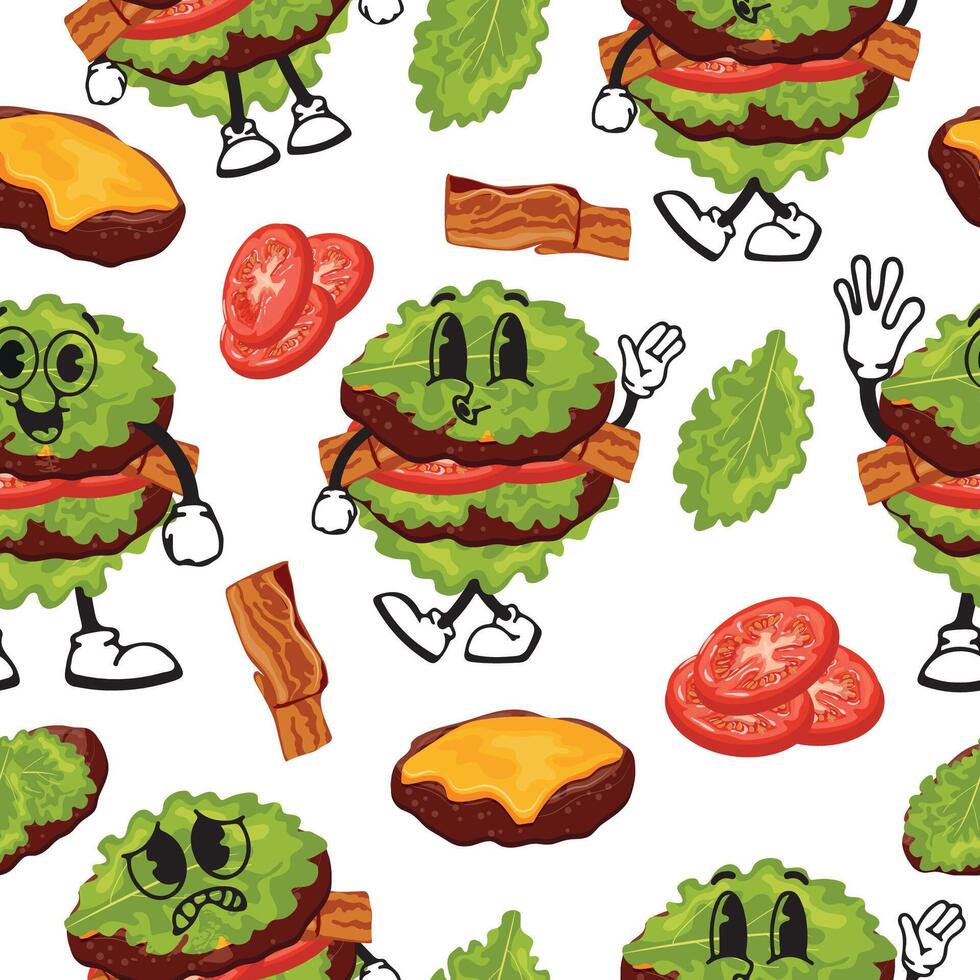 seamless pattern of burger characters with fried patties, bacon and lettuce instead of a bun with various funny faces, Kawaii-style anthropomorphic food vector
