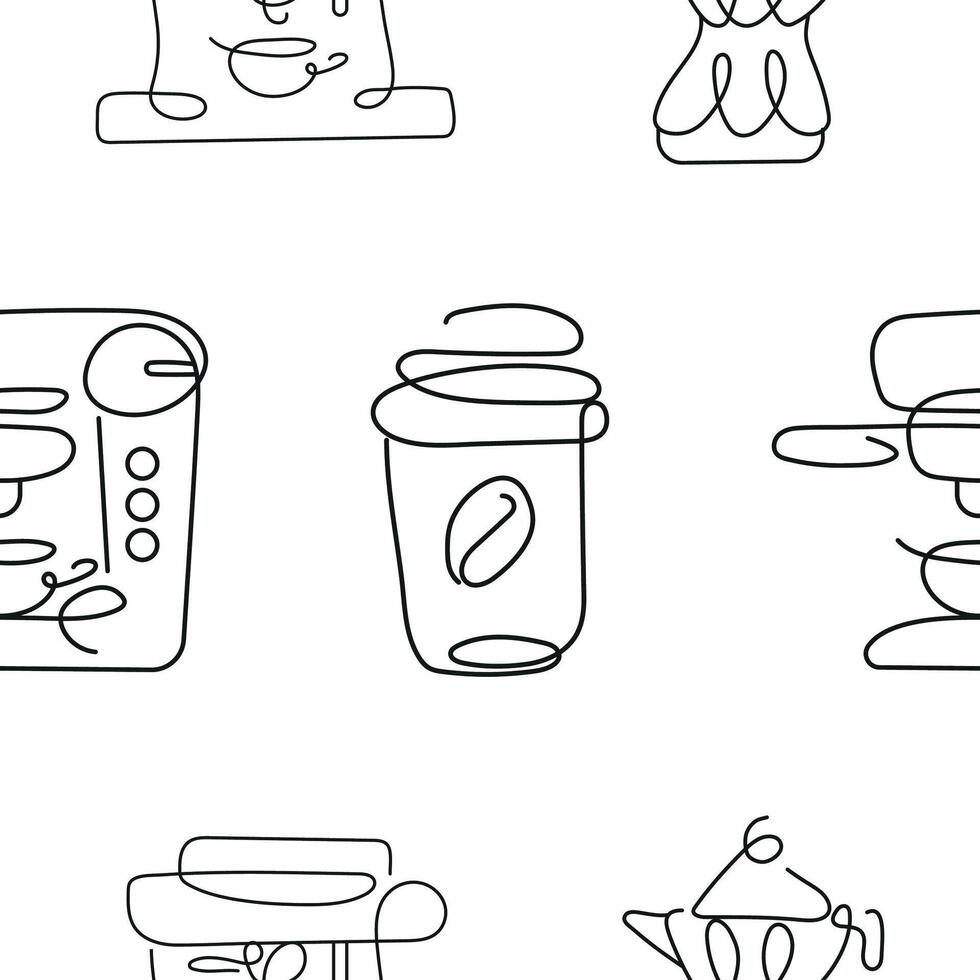 pattern with icons of various tools and equipment for different types of coffee in line art style, for logos and other designs vector
