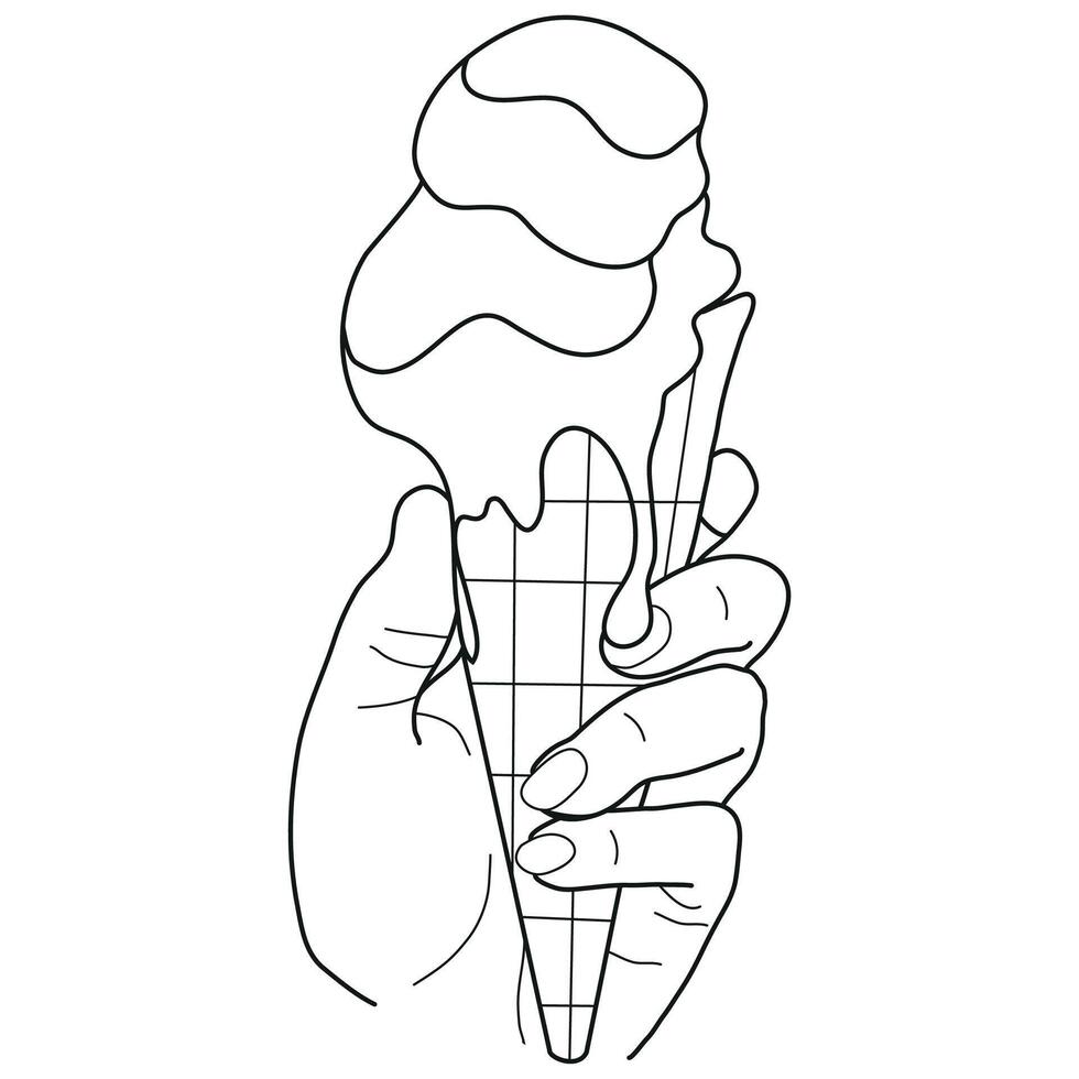 icon of melting ice cream in a waffle cup flowing down hands, in line art style vector