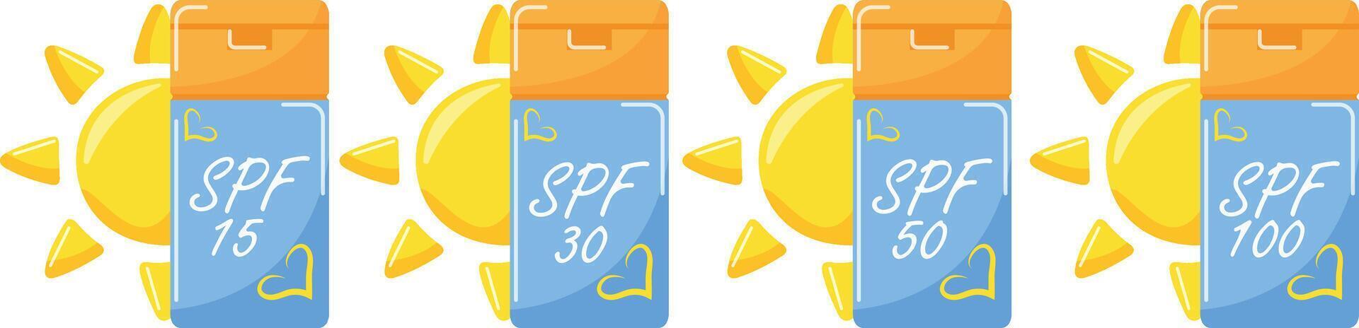 set of colored icons of sunscreen in a compact rectangular jar with different levels of sun protection vector